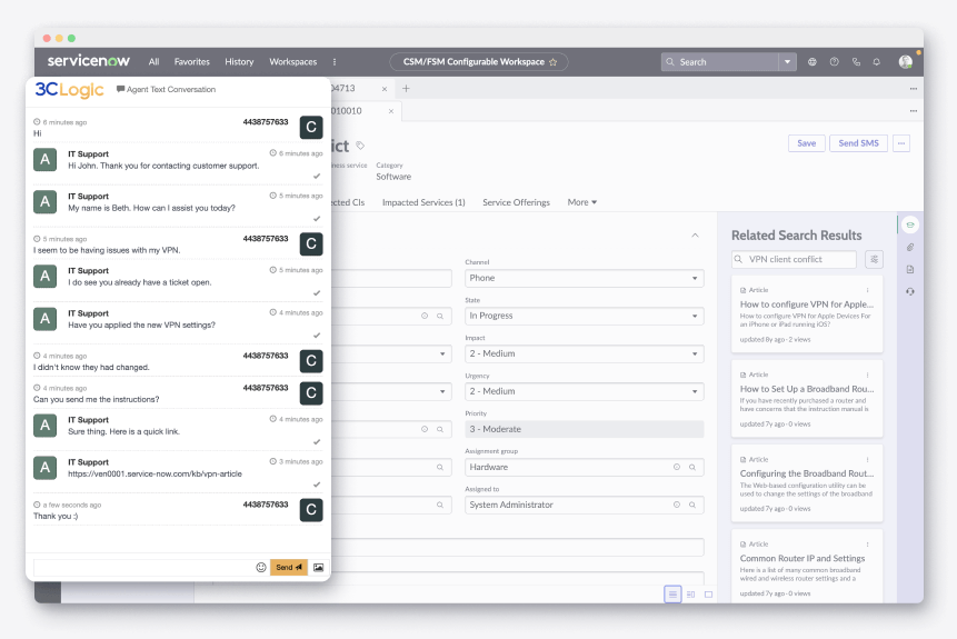 3CLogic ServiceNow ITMS SMS
