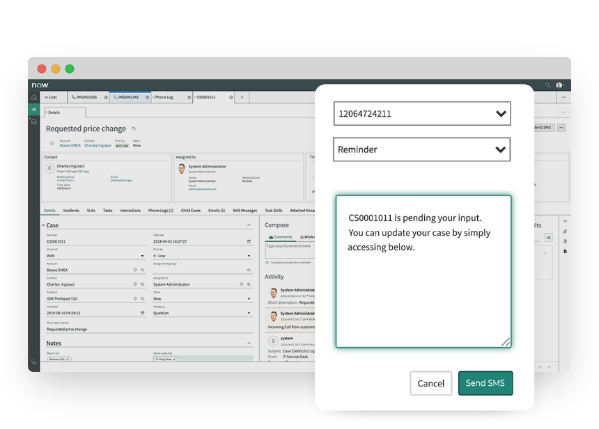 3CLogic ServiceNow Send SMS